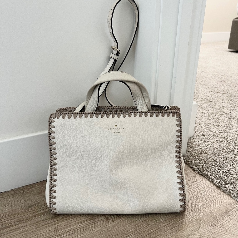kate spade white satchel with tan whipstitch trim